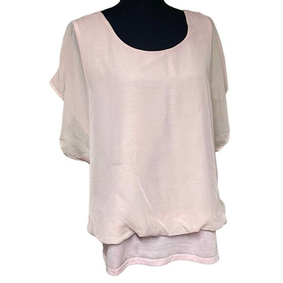New York and Co Blush Mesh Ruffle Sleeve Blouson Top - Picture 1 of 6